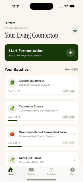 Ferment app home screen showing active batches