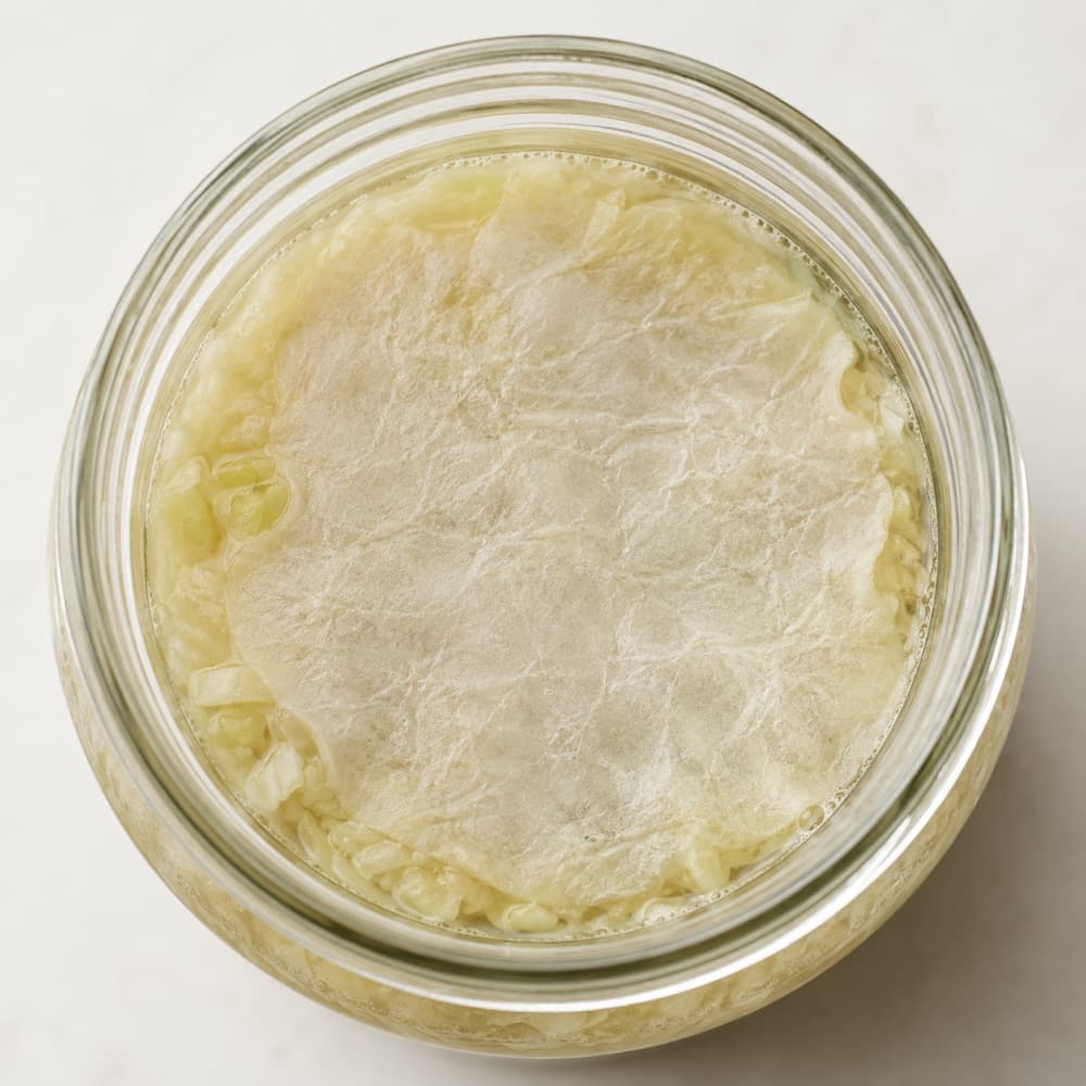 Kahm yeast: a thin, flat, wrinkled white film lying flat on the surface of a jar of fermenting sauerkraut — harmless.