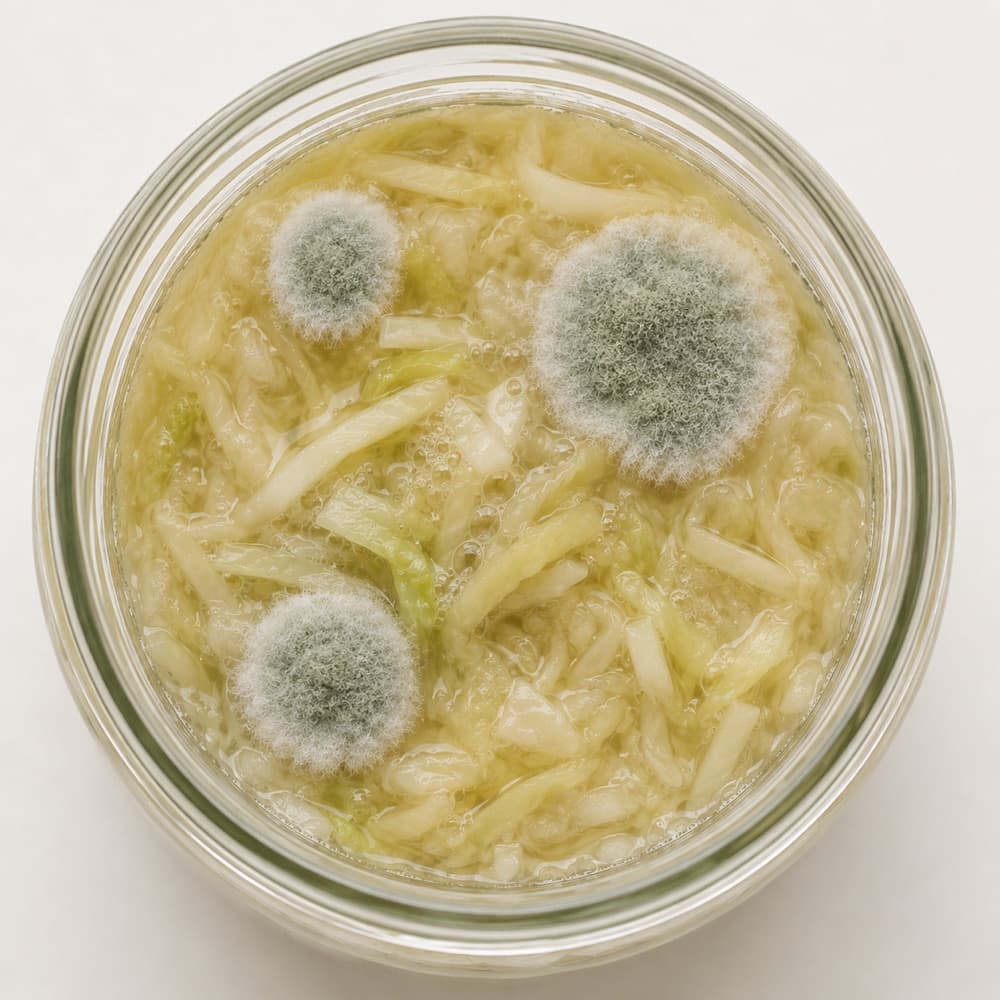 Surface mold on a ferment: fuzzy, raised, grey-green circular colonies sitting on top of the brine — discard the batch.